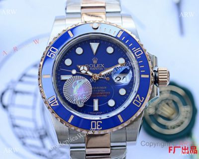 Copy Rolex Submariner Date Watch 40mm Two Tone Rose Gold Blue Ceramic Bezel